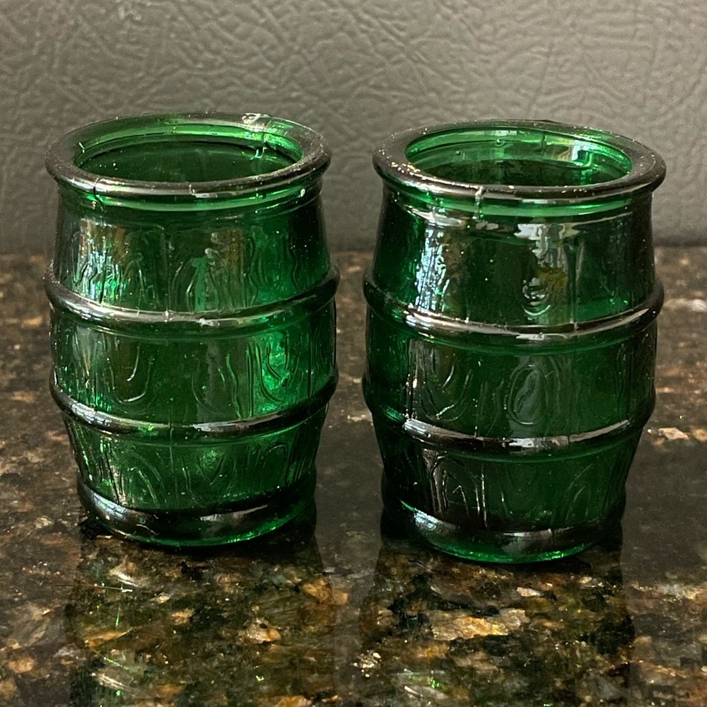 Vintage Green Glass Barrel Toothpick Holders ( 2 )